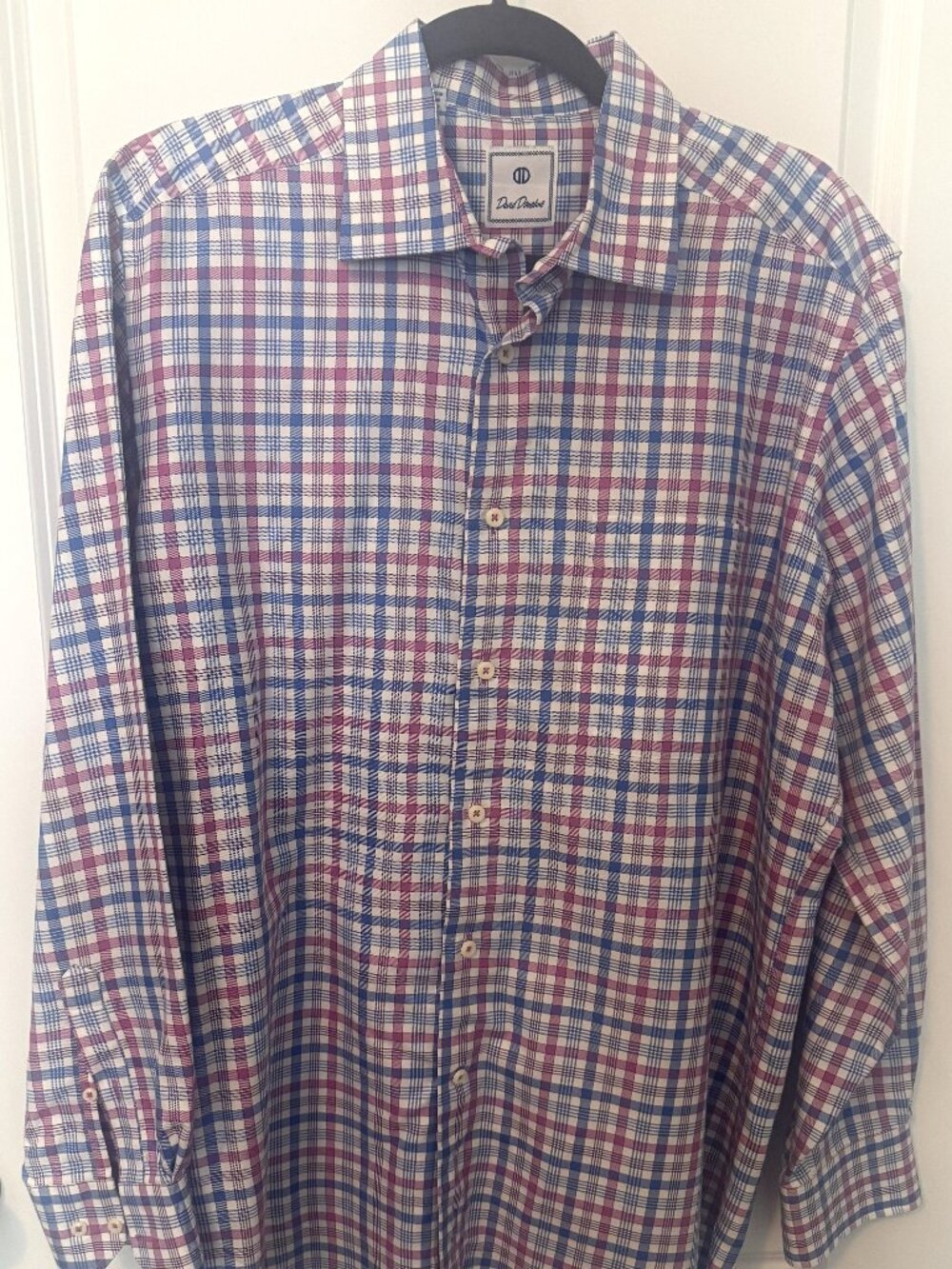 David Donahue Trim Fit Dress Shirt 16 36/37 Pink Blue Check